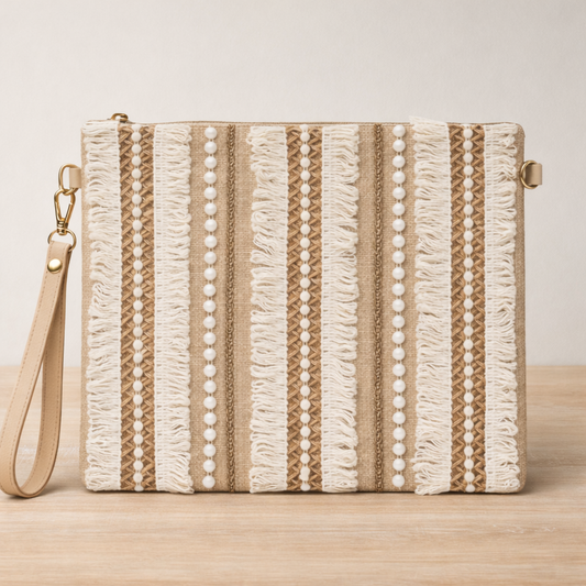 Boho Linen Clutch Bag (Tribal Stripe) + 1 FREE gold metal strap (1 meter)