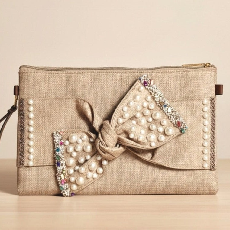 Boho Linen Clutch Bag (Bow 3) + 1 FREE gold metal strap (1 meter)