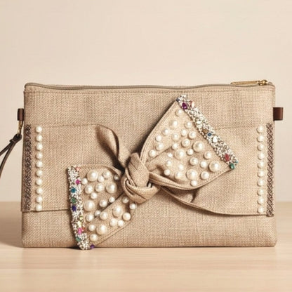 Boho Linen Clutch Bag (Bow 3) + 1 FREE gold metal strap (1 meter)