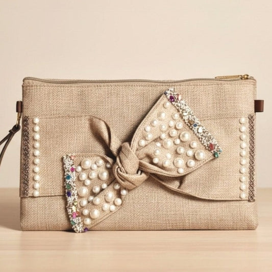 Boho Linen Clutch Bag (Bow 3) + 1 FREE gold metal strap (1 meter)