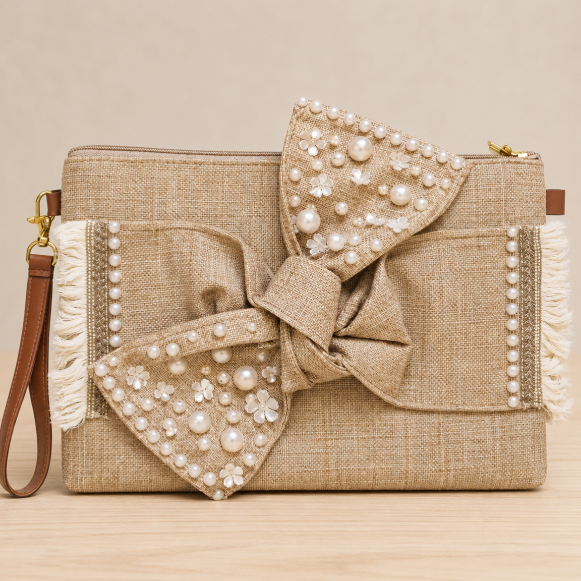 Boho Linen Clutch Bag (Bow 2) + 1 FREE gold metal strap (1 meter)
