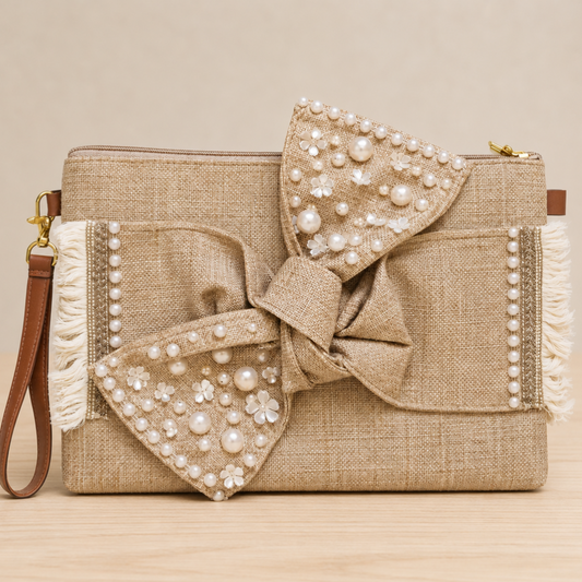 Boho Linen Clutch Bag (Bow 2) + 1 FREE gold metal strap (1 meter)