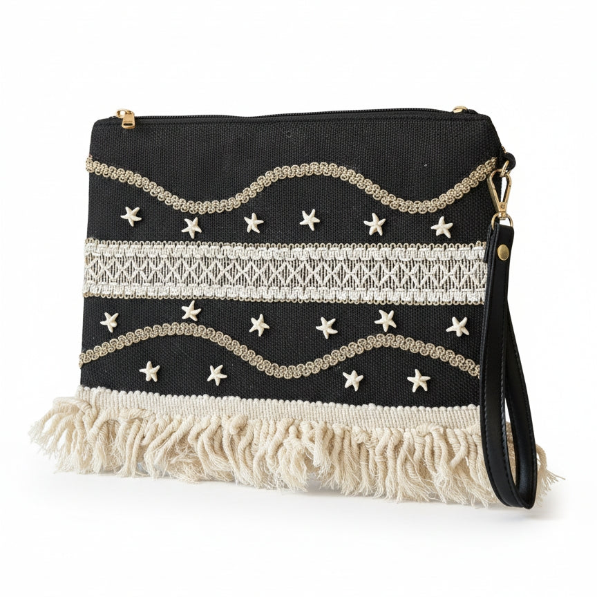 Boho Linen Clutch Bag (Night Fringe)
