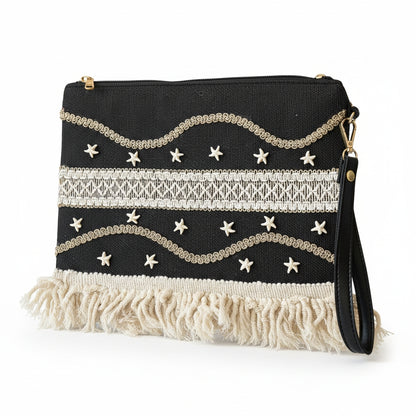 Boho Linen Clutch Bag (Night Fringe)
