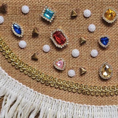 Boho Linen Clutch Bag (Rainbow Fringe) + 1 FREE gold metal strap (1 meter)