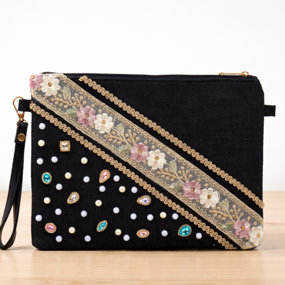 Boho Linen Clutch Bag (Chic Garden) + 1 FREE metal strap (1 meter)