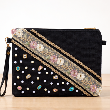 Boho Linen Clutch Bag (Chic Garden) + 1 FREE metal strap (1 meter)