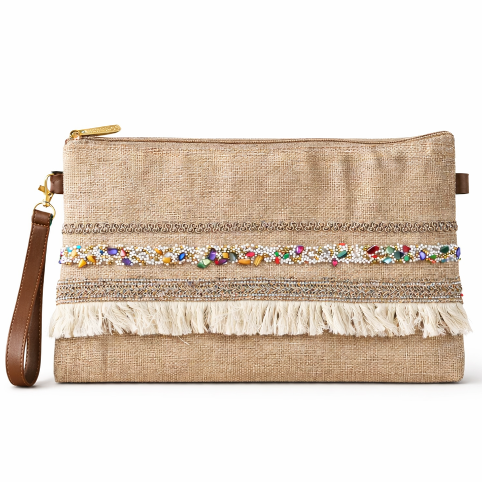Boho Linen Clutch Bag (Sahara Mosaic) + 1 FREE gold metal strap (1 meter)