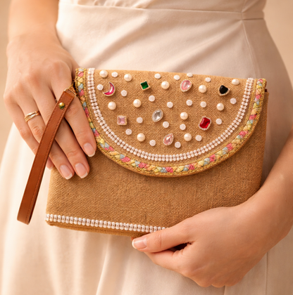 Boho Linen Clutch Bag (Color Pearls)