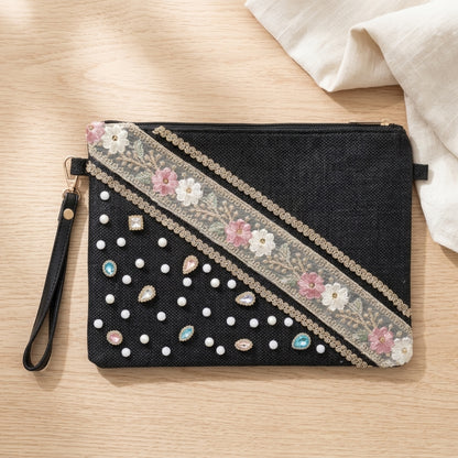 Boho Linen Clutch Bag (Chic Garden) + 1 FREE metal strap (1 meter)