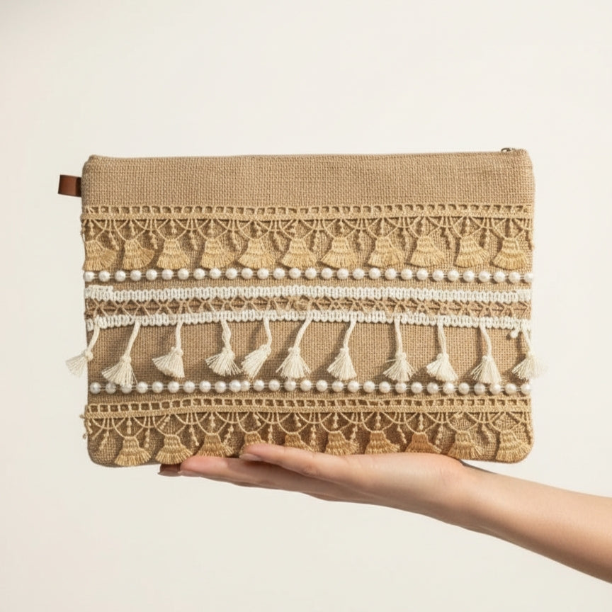 Boho Linen Clutch Bag (Sahara Tassel) + 1 FREE gold metal strap (1 meter)