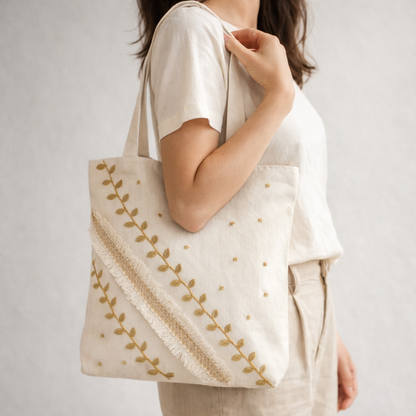 Large Tote Bag with Zipper (Golden Stars)