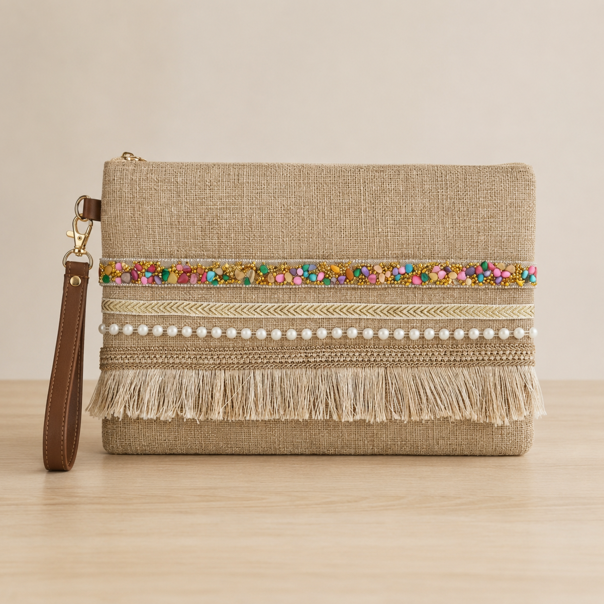 Boho Linen Clutch Bag (Bright Day) + 1 FREE gold metal strap (1 meter)