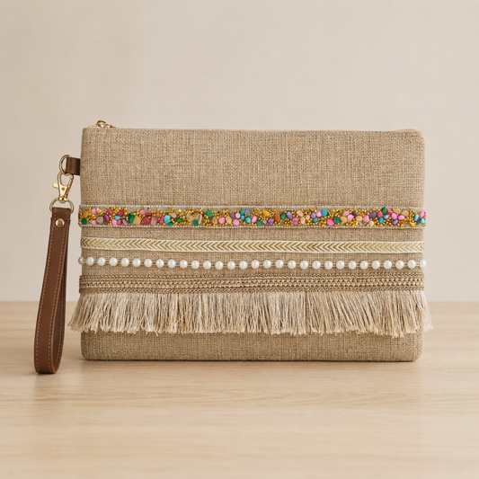 Boho Linen Clutch Bag (Bright Day) + 1 FREE gold metal strap (1 meter)
