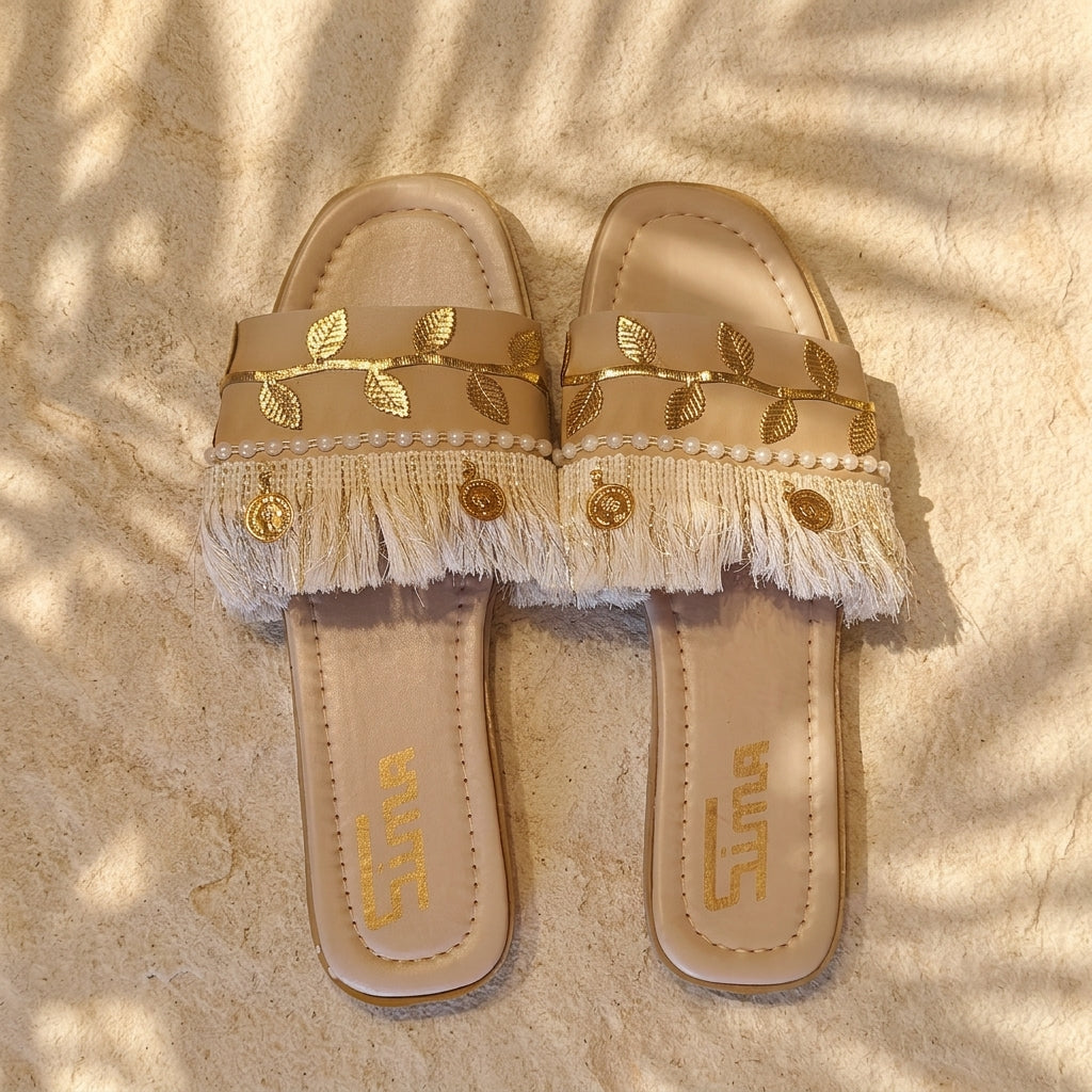 Boho Faux Leather Slippers/Sandals (Pearl Fringe)