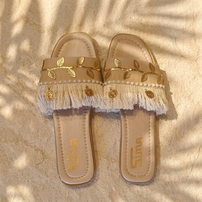 Boho Faux Leather Slippers/Sandals (Pearl Fringe)