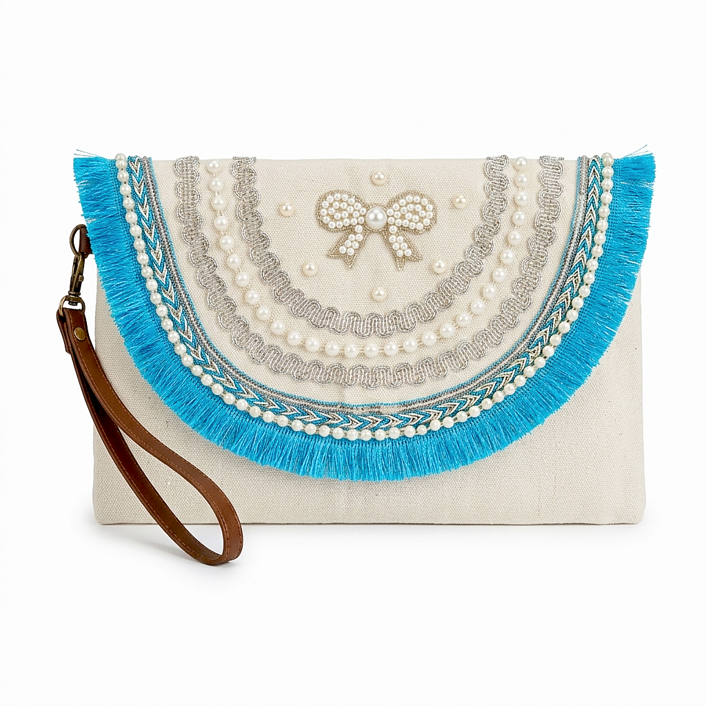 Boho Linen Clutch Bag (Royal Bow) + 1 FREE gold metal strap (1 meter)