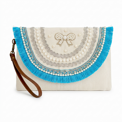 Boho Linen Clutch Bag (Royal Bow) + 1 FREE gold metal strap (1 meter)