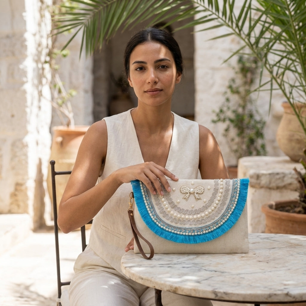 Boho Linen Clutch Bag (Royal Bow) + 1 FREE gold metal strap (1 meter)
