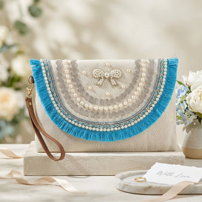 Boho Linen Clutch Bag (Royal Bow) + 1 FREE gold metal strap (1 meter)