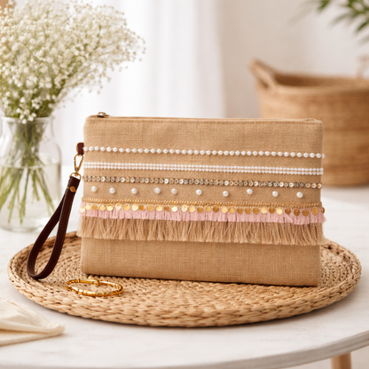 Boho Linen Clutch Bag (Pink Hints) + 1 FREE gold metal strap (1 meter)