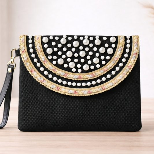 Boho Linen Clutch Bag (Black Pearls) + 1 FREE metal strap (1 meter)