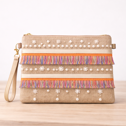 Boho Linen Clutch Bag (Orange Garden) + 1 FREE gold metal strap (1 meter)
