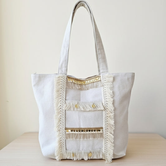 6 Pockets Multi-purpose Tote Bag (Desert Tassel) + 1 FREE Small Clutch (same color)