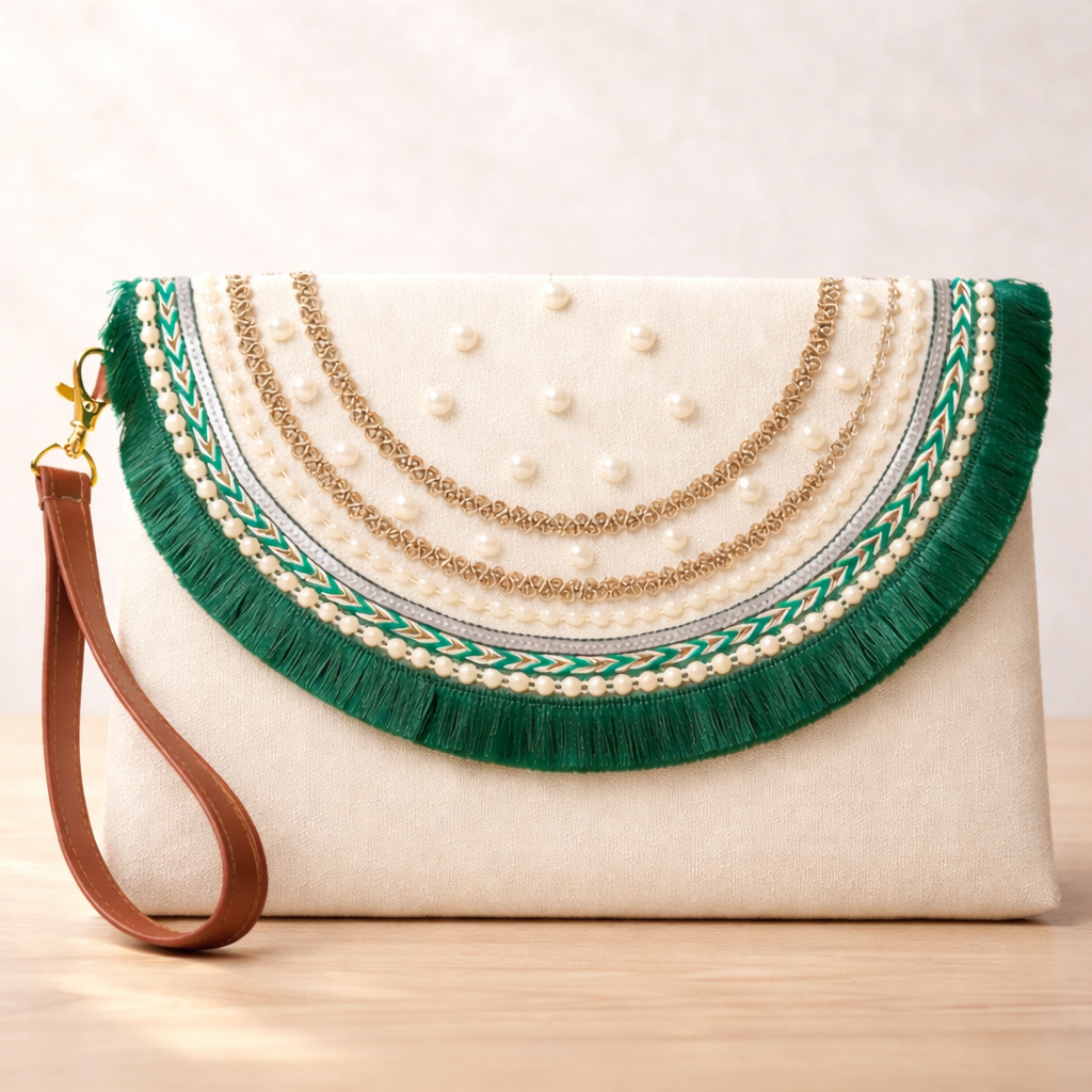 Boho Linen Clutch Bag (Royal Green) + 1 FREE gold metal strap (1 meter)