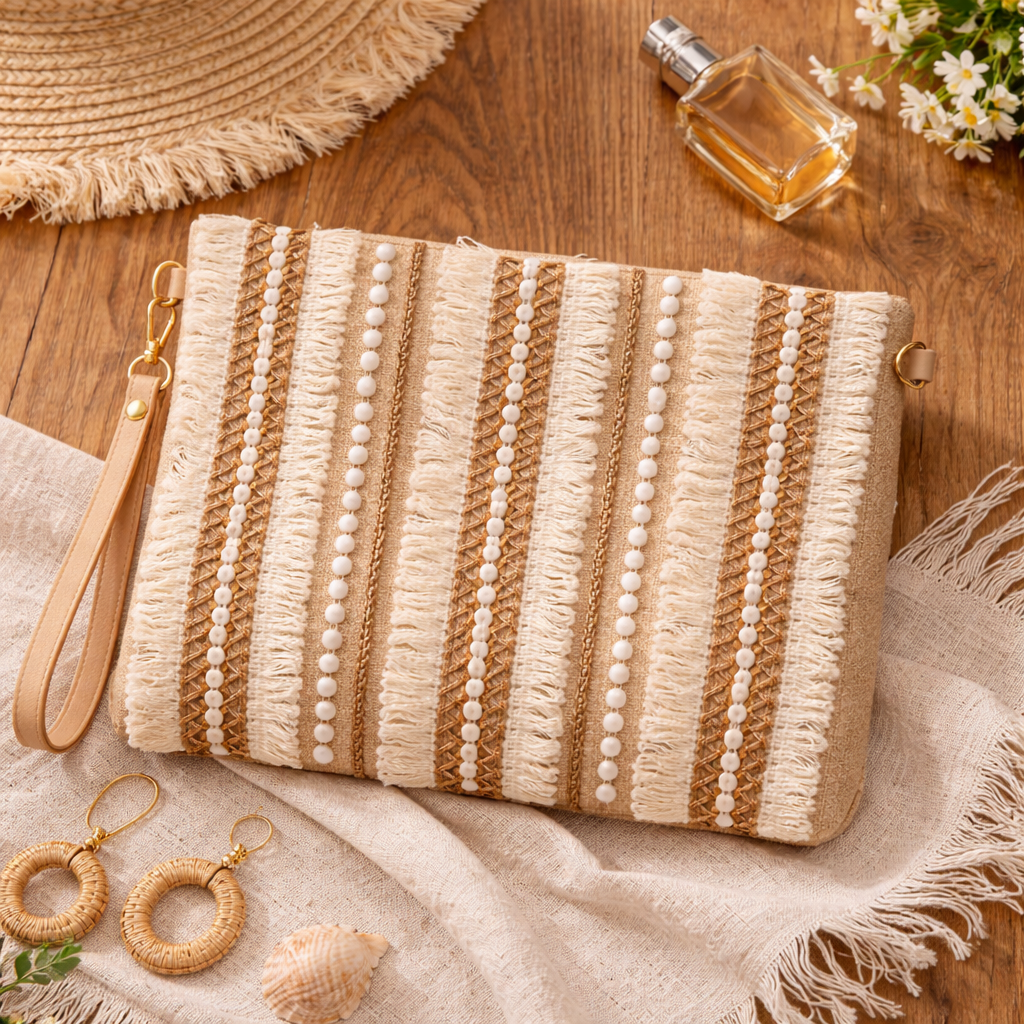 Boho Linen Clutch Bag (Tribal Stripe) + 1 FREE gold metal strap (1 meter)