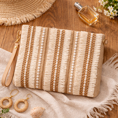 Boho Linen Clutch Bag (Tribal Stripe) + 1 FREE gold metal strap (1 meter)