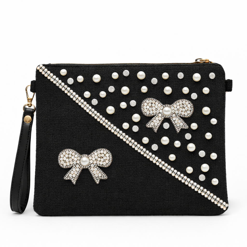 Boho Linen Clutch Bag (Sophisticated Black) + 1 FREE black metal strap (1 meter)