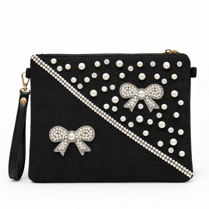 Boho Linen Clutch Bag (Sophisticated Black) + 1 FREE black metal strap (1 meter)