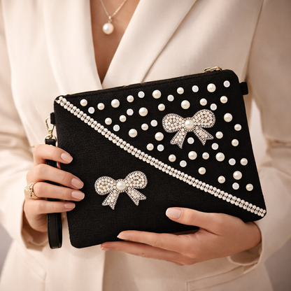 Boho Linen Clutch Bag (Sophisticated Black) + 1 FREE black metal strap (1 meter)
