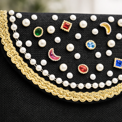 Boho Linen Clutch Bag (Black Diamonds) + 1 FREE metal strap (1 meter)