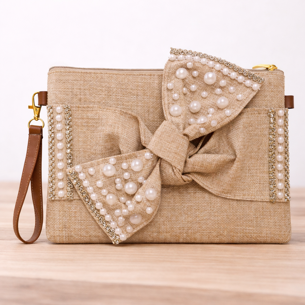 Boho Linen Clutch Bag (Bow) + 1 FREE gold metal strap (1 meter)