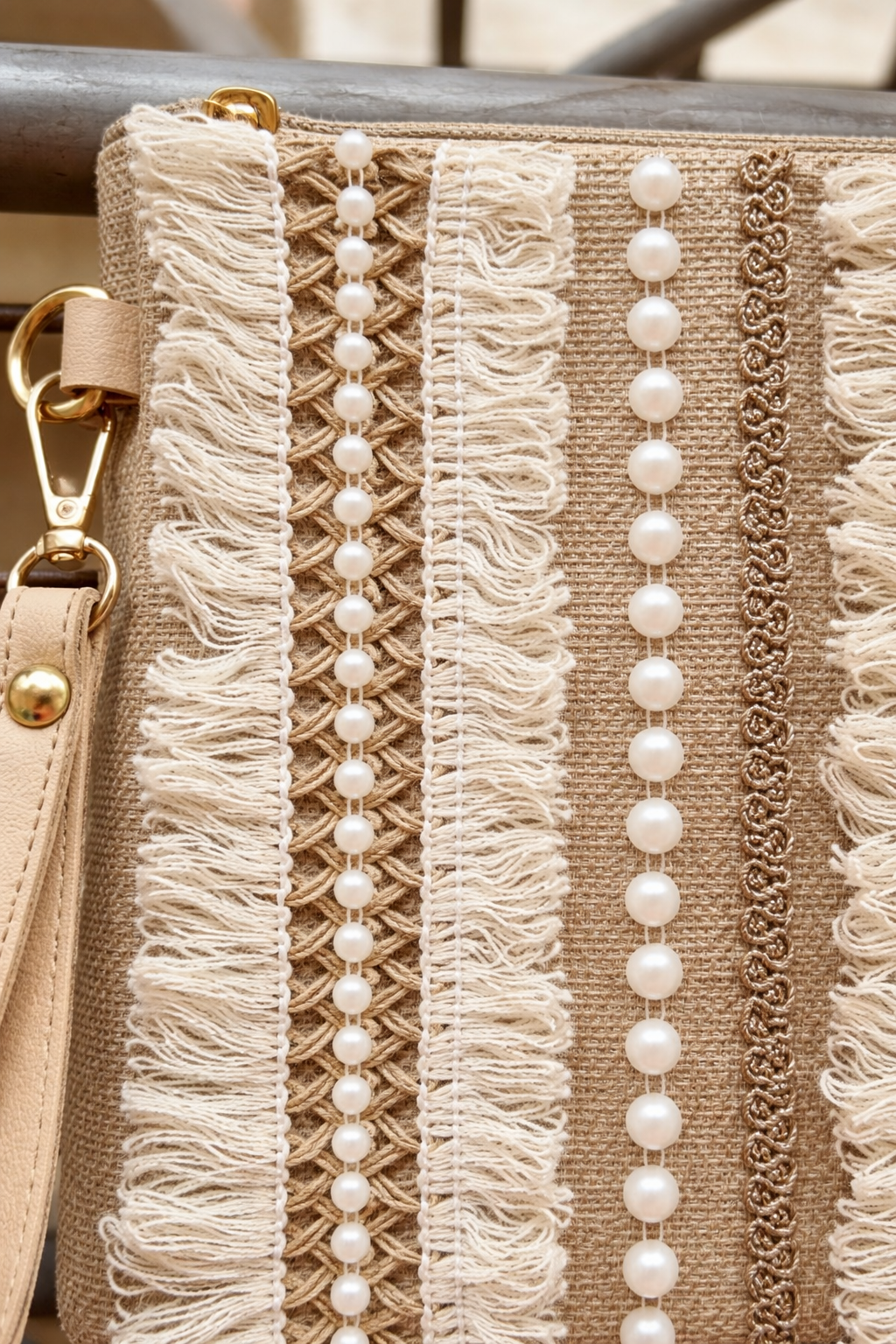 Boho Linen Clutch Bag (Tribal Stripe) + 1 FREE gold metal strap (1 meter)