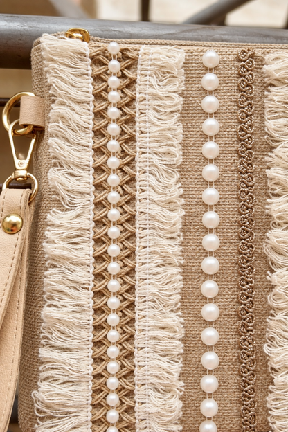 Boho Linen Clutch Bag (Tribal Stripe) + 1 FREE gold metal strap (1 meter)