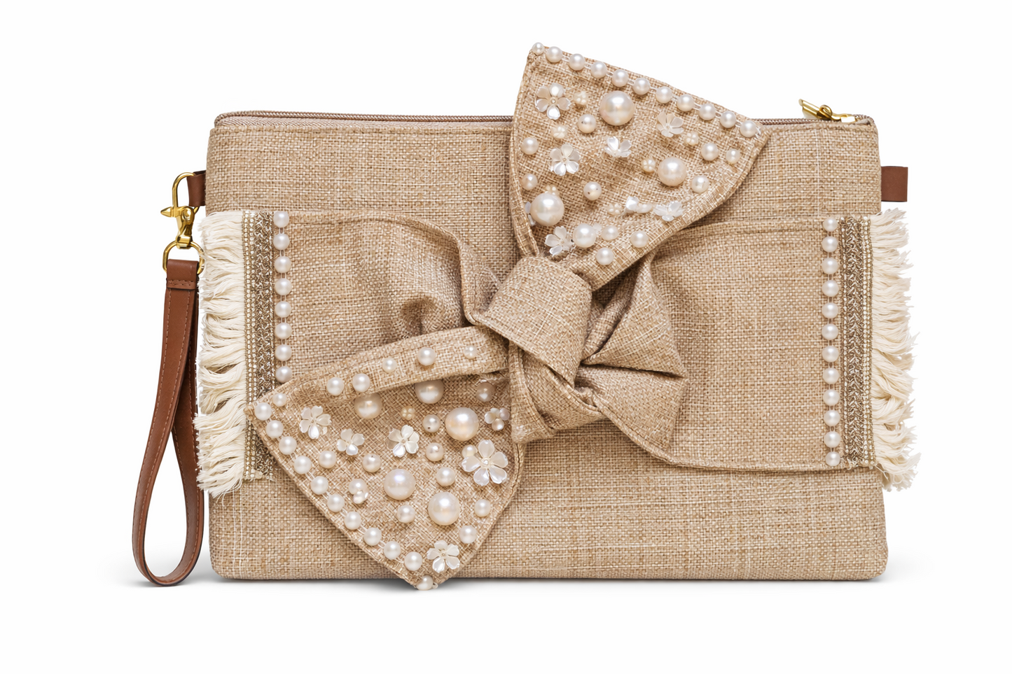 Boho Linen Clutch Bag (Bow 2) + 1 FREE gold metal strap (1 meter)