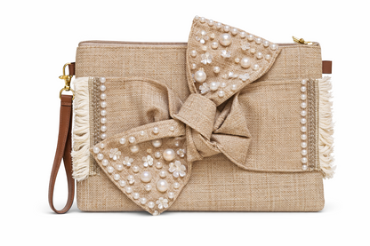 Boho Linen Clutch Bag (Bow 2) + 1 FREE gold metal strap (1 meter)