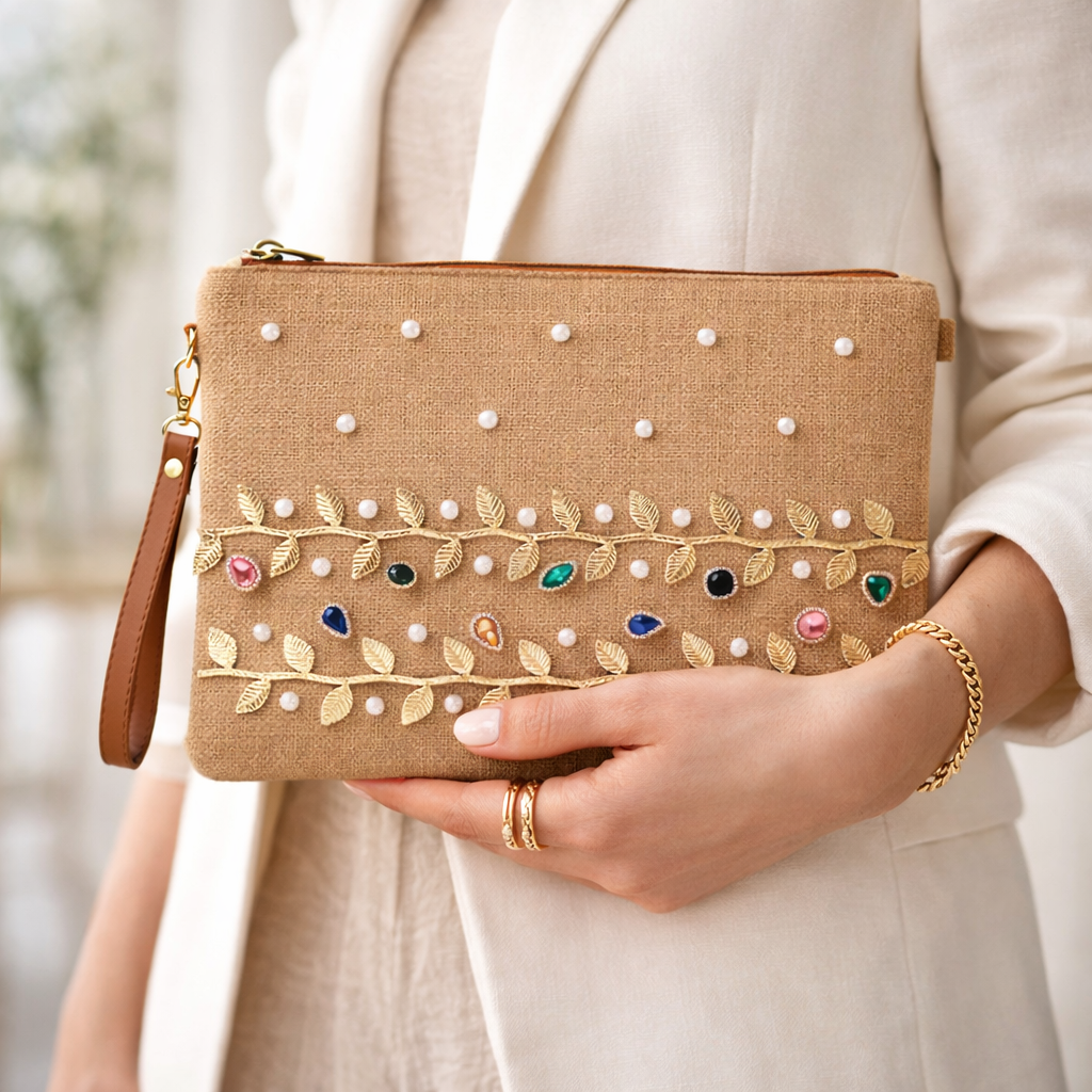 Boho Linen Clutch Bag (Golden Vine) + 1 FREE gold metal strap (1 meter)