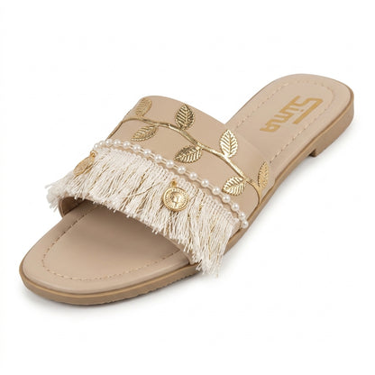 Boho Faux Leather Slippers/Sandals (Pearl Fringe)