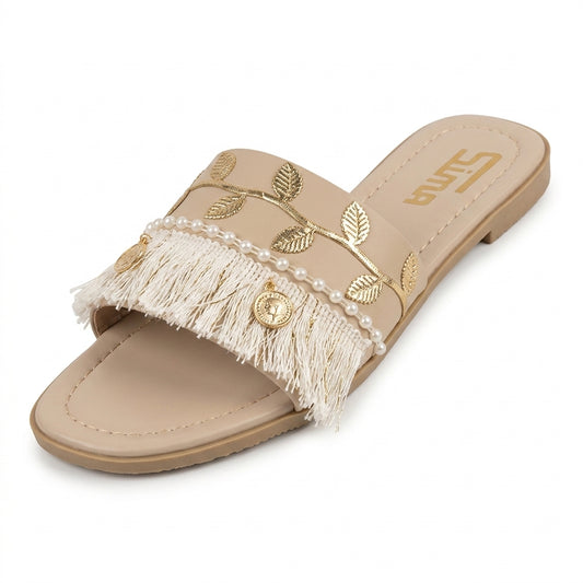 Boho Faux Leather Slippers/Sandals (Pearl Fringe)