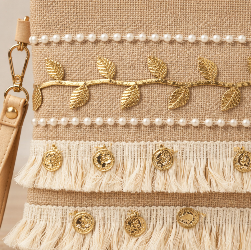 Boho Linen Clutch Bag (Gold Vine Fringe) + 1 FREE gold metal strap (1 meter)