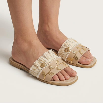 Boho Faux Leather Slippers/Sandals (Pearl Fringe)