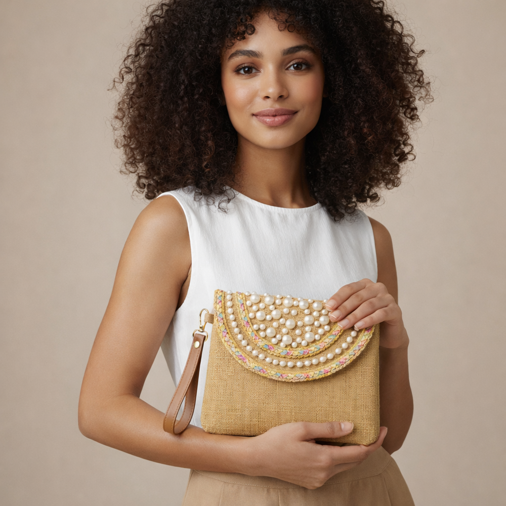 Boho Linen Clutch Bag (Beige Pearls) + 1 FREE gold metal strap (1 meter)