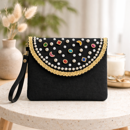 Boho Linen Clutch Bag (Black Diamonds) + 1 FREE metal strap (1 meter)