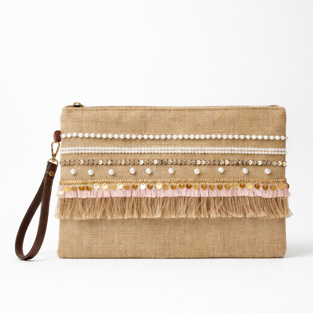 Boho Linen Clutch Bag (Pink Hints) + 1 FREE gold metal strap (1 meter)