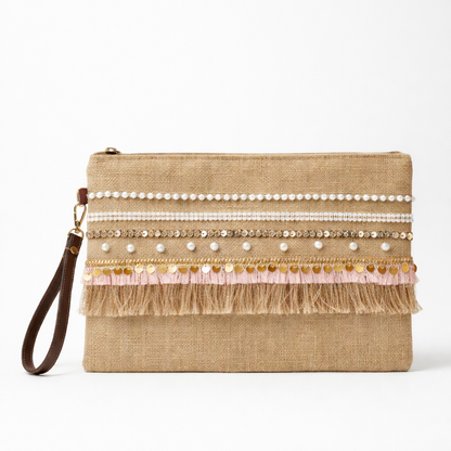 Boho Linen Clutch Bag (Pink Hints) + 1 FREE gold metal strap (1 meter)