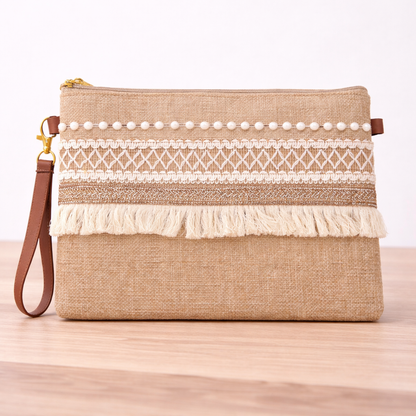 Boho Linen Clutch Bag (White Stripes) + 1 FREE gold metal strap (1 meter)